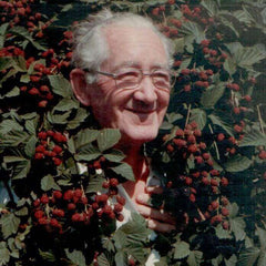 Smiling Thomas E Doyle surrounded by lush green foliage and ripe blackberries, exuding joy and nature's bounty.