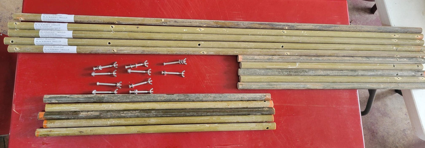 Doyle Trailing Blackberry Shift Trellis components including fiberglass rods and stainless steel anchors on a red surface.